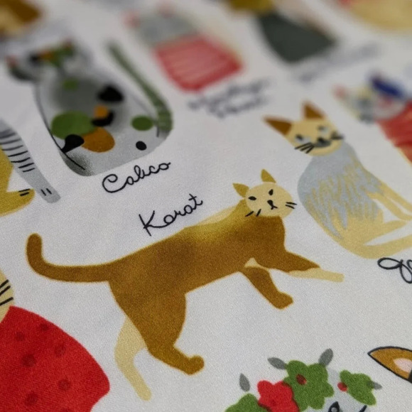 Assorted colorful whimsical cats on white background with gold trim scarf - Picture 9 of 11